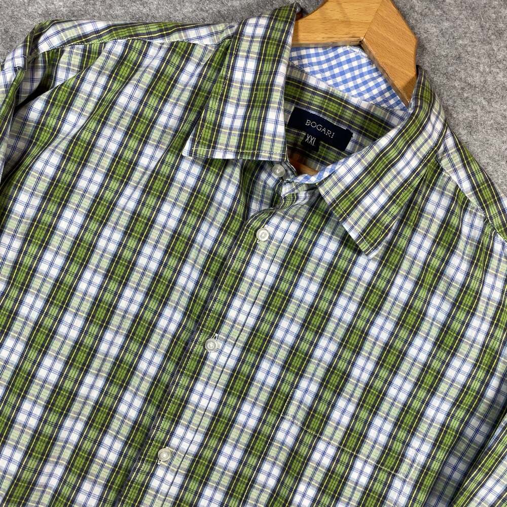 Bogari Men's XXL Short Sleeve Plaid Button Down Shirt, Green and White